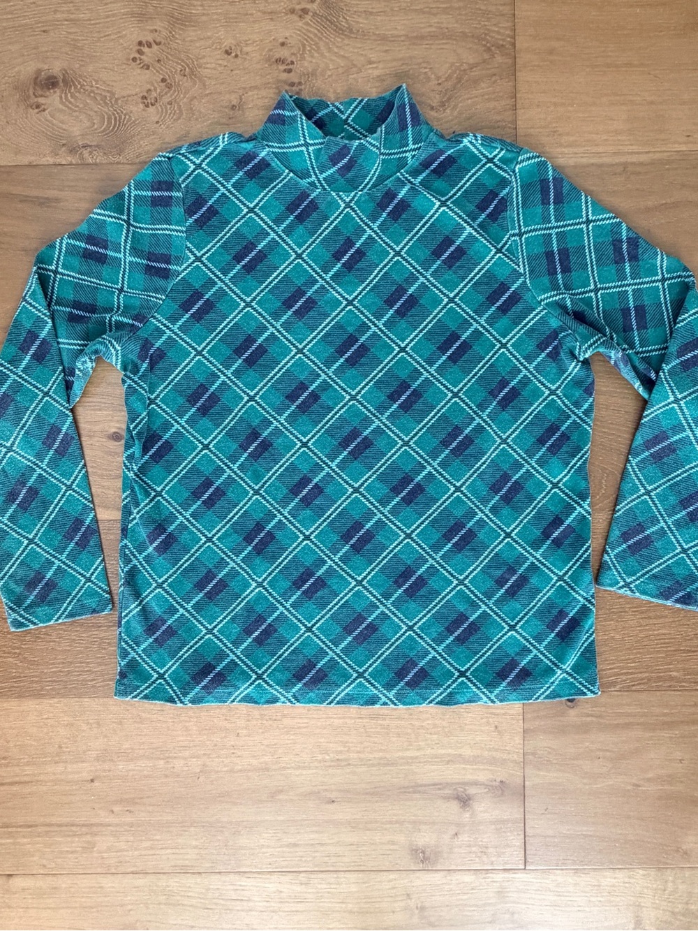 VTG 90s Karen Scott Plaid Mock Turtleneck Top Tartan Green Blue Grid Shirt Large